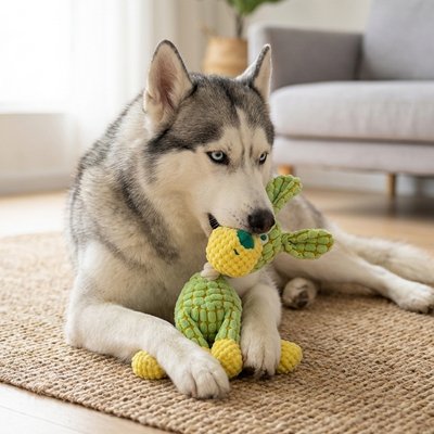 Husky sibérien avec une peluche chien verte en peluche sur le sol