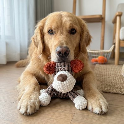 Golden retriever jouant avec une peluche chien squeaker sur le sol