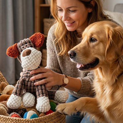 Femme souriante tenant une peluche chien avec son golden retriever dans un panier