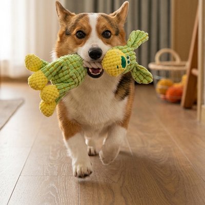 Chien courant avec une peluche jouet dans la gueule