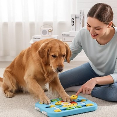 Femme supervisant son Golden Retriever avec un jouet puzzle interactif pour chien