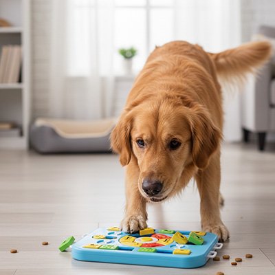 Golden Retriever utilisant un jouet distributeur de croquettes interactif