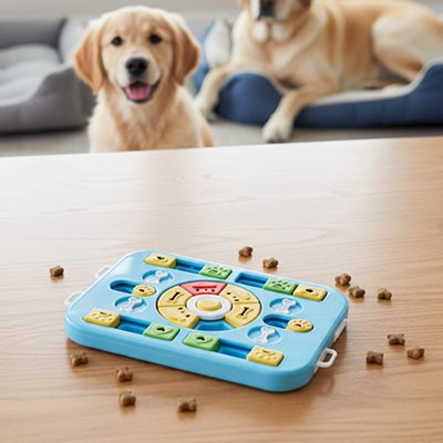 Golden Retriever concentré sur un jeu d'occupation et de stimulation mentale pour chien