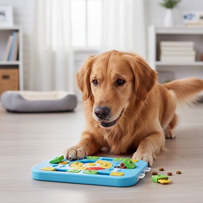 Golden Retriever jouant avec un jouet interactif puzzle pour chien sur le sol