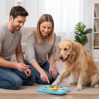 Couple encourageant leur Golden Retriever à utiliser un jouet d'occupation pour chien