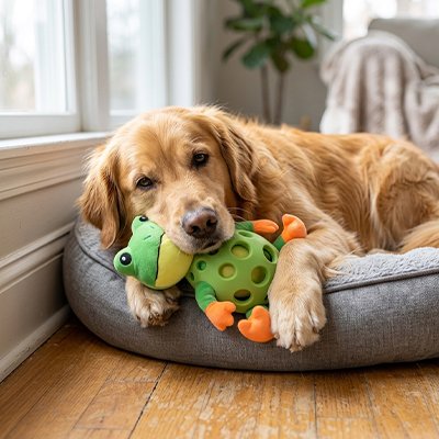 Golden Retriever jouant avec Peluches chien grenouille Fun résistante