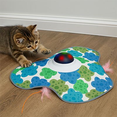 Jouet pour chat contre l'ennui – chat tigré qui joue avec les plumes du tapis interactif
