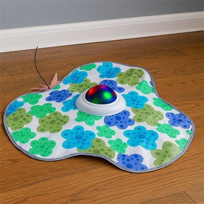 Jouet interactif pour chat avec tapis à motifs floraux bleus et verts et boule lumineuse LED multicolore