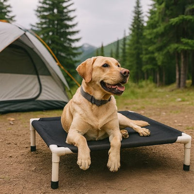 Labrador blond sur son Lit de camp Chien en forêt