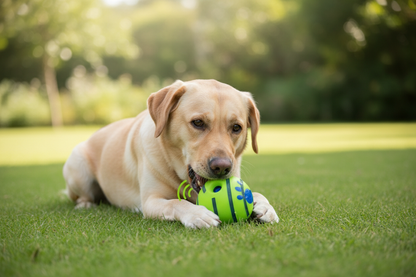 Balle pour chien – Labrador allongé sur l'herbe jouant avec la balle giggle verte interactive
