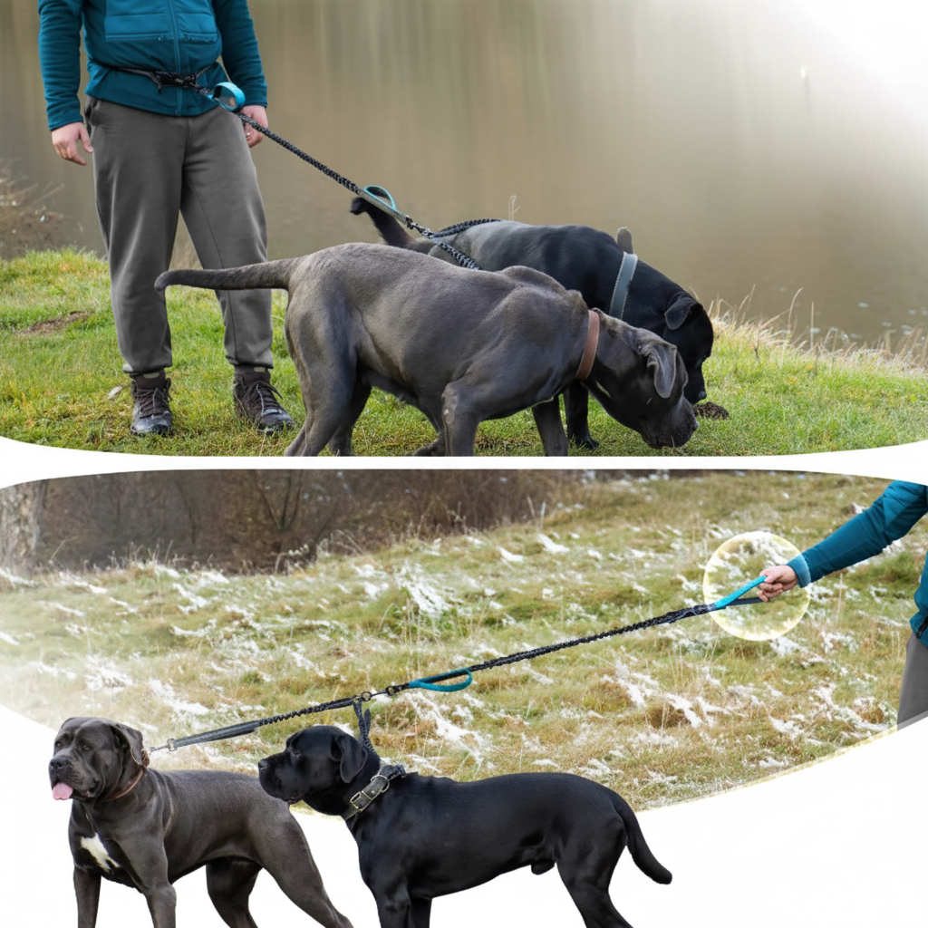 Laisse élastique pour chien promenade mains libres avec deux grands chiens au bord du lac