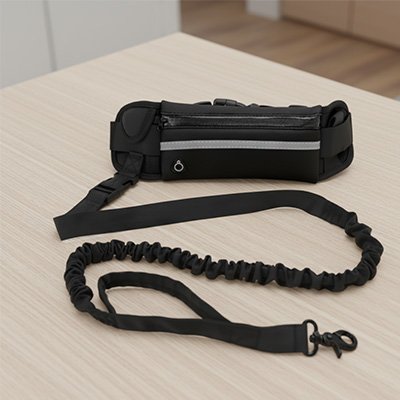 Laisse chien elastique mains libres avec ceinture et pochette zippée noire