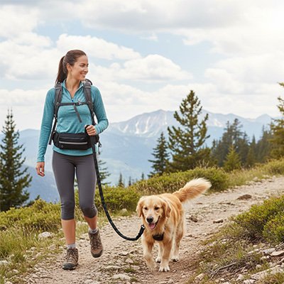 Laisse chien elastique mains libres avec ceinture et pochette zippée noire
Femme + golden en montagne 
