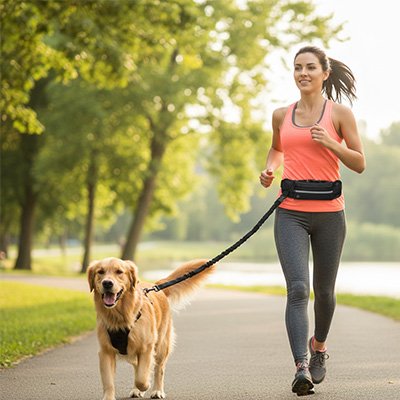 Laisse chien Elastique mains libres femme qui coure avec golden retriever au parc