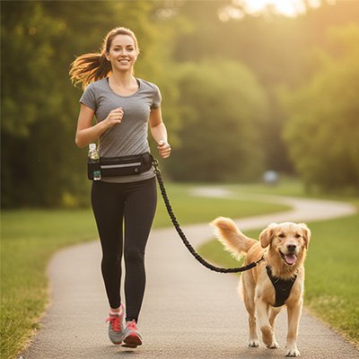 Laisse chien élastique mains libres femme qui court avec son chien en plein air