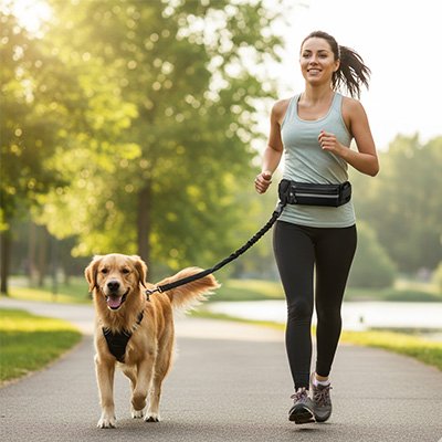 Laisse chien élastique mains libres femme qui promène son golden retriever en extérieur