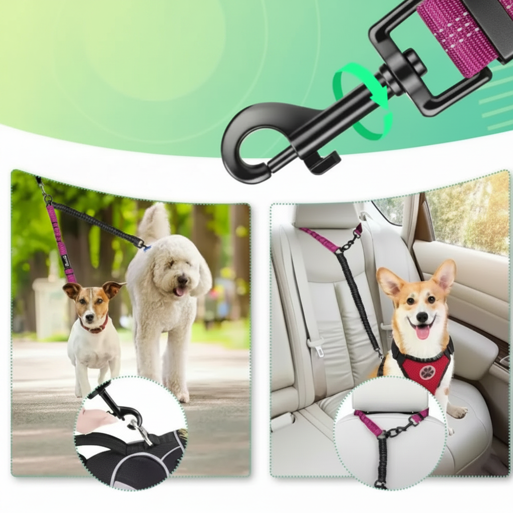 Laisse élastique chien double DuoStretch rose rouge bungee élastique absorbeur de chocs pour balade apaisée


