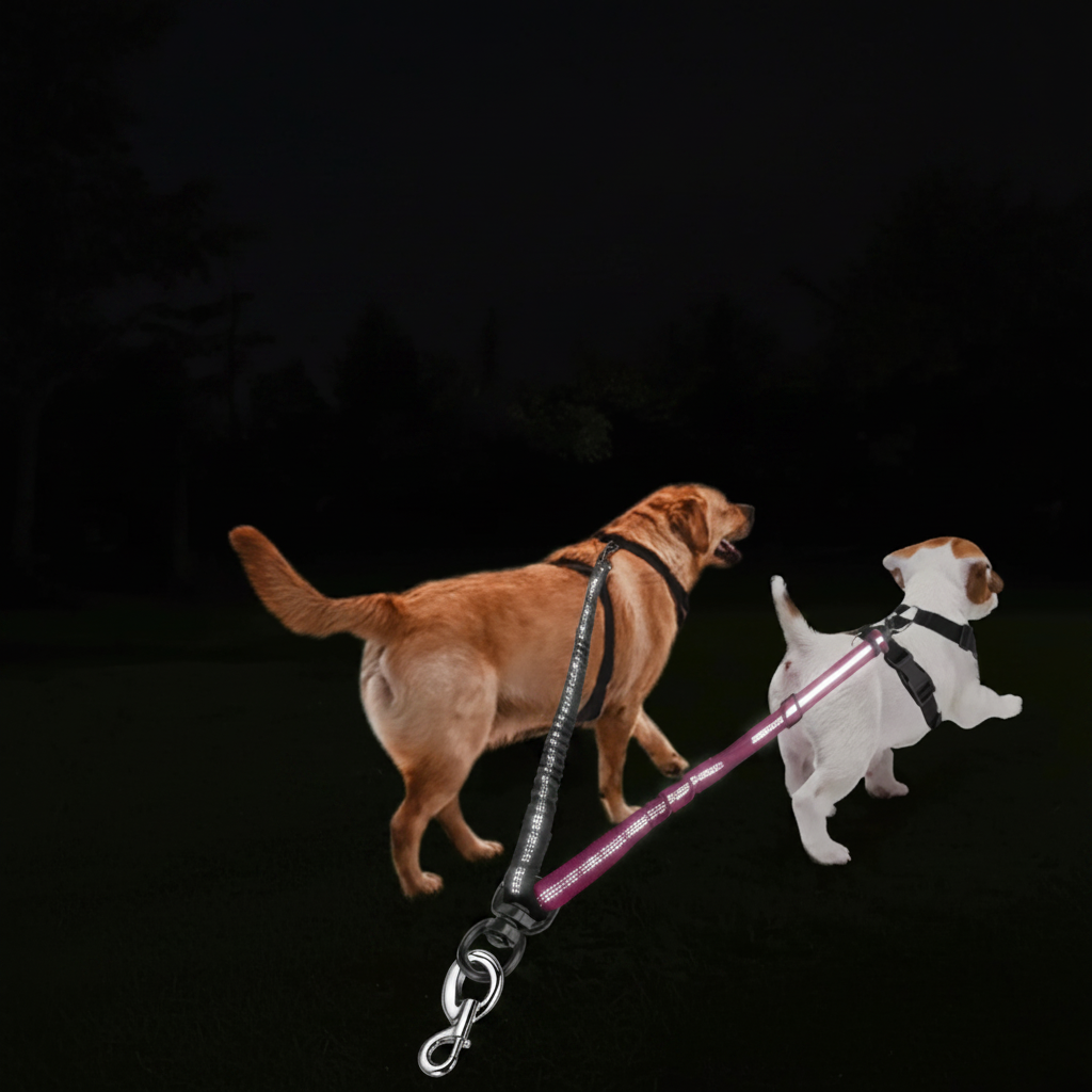 Laisse élastique chien double DuoStretch violette longueur ajustable 1,6 pieds pour petits et grands chiens
