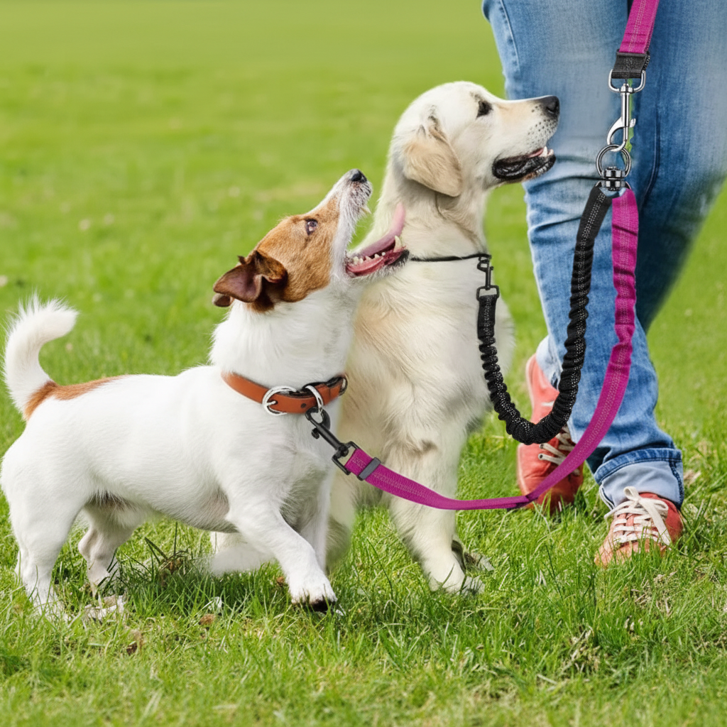 Laisse élastique chien double DuoStretch rose rt noir avec deux chiens en balade – absorbeur de choc bungee