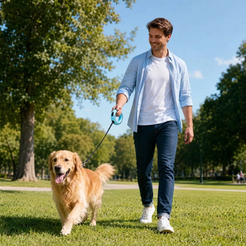Laisse extensible pour chien : homme promenant un golden retriever sur une pelouse au printemps 
