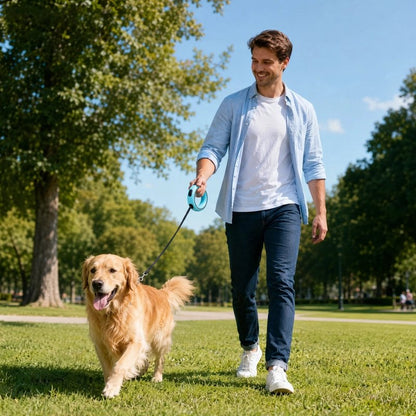 Laisse extensible pour chien : homme promenant un golden retriever sur une pelouse au printemps 
