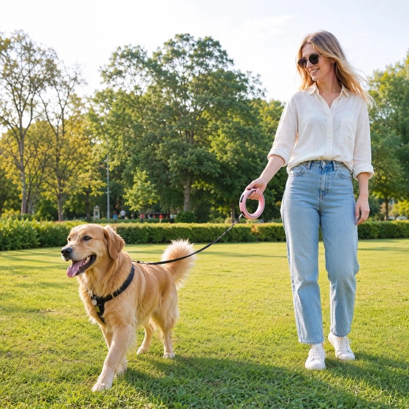 Laisse extensible pour chien : femme promenant un golden retriever dans l'herbe d'un parc 