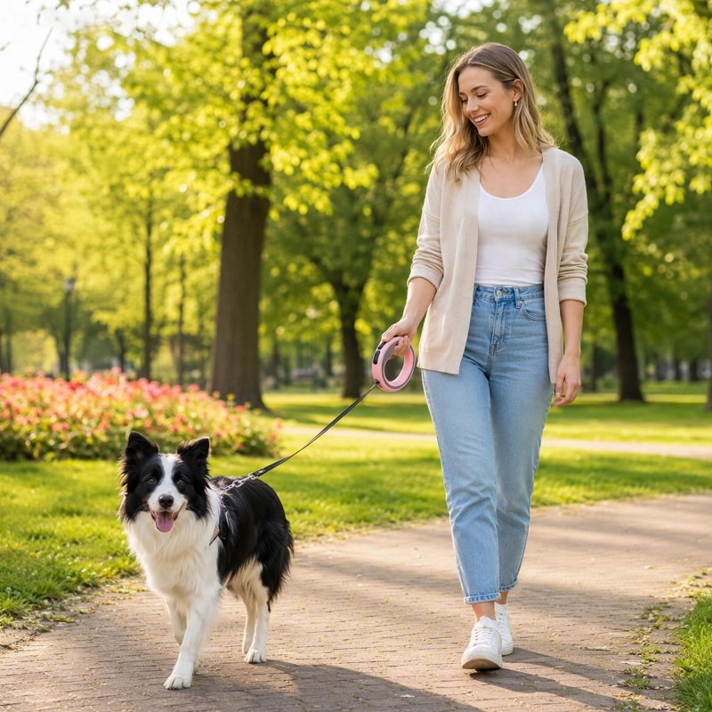 Laisse extensible pour chien : femme promenant un border collie sur un chemin pavé fleuri 