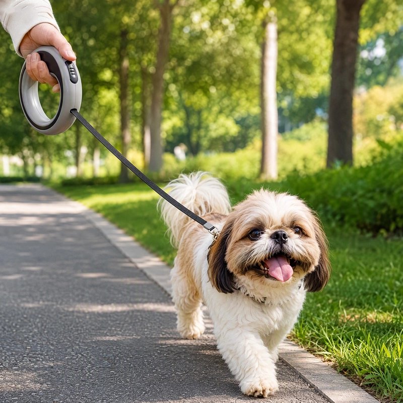 Laisse extensible pour chien : shih tzu blanc promené sur un sentier de parc ensoleillé