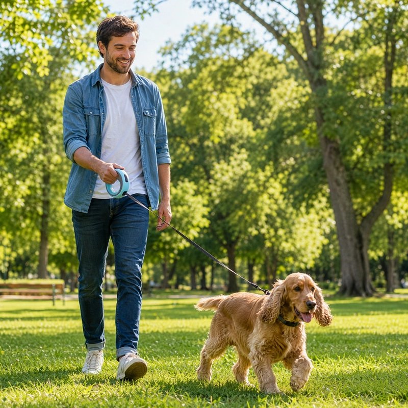  Laisse extensible pour chien : homme promenant un cocker anglais dans un parc arboré