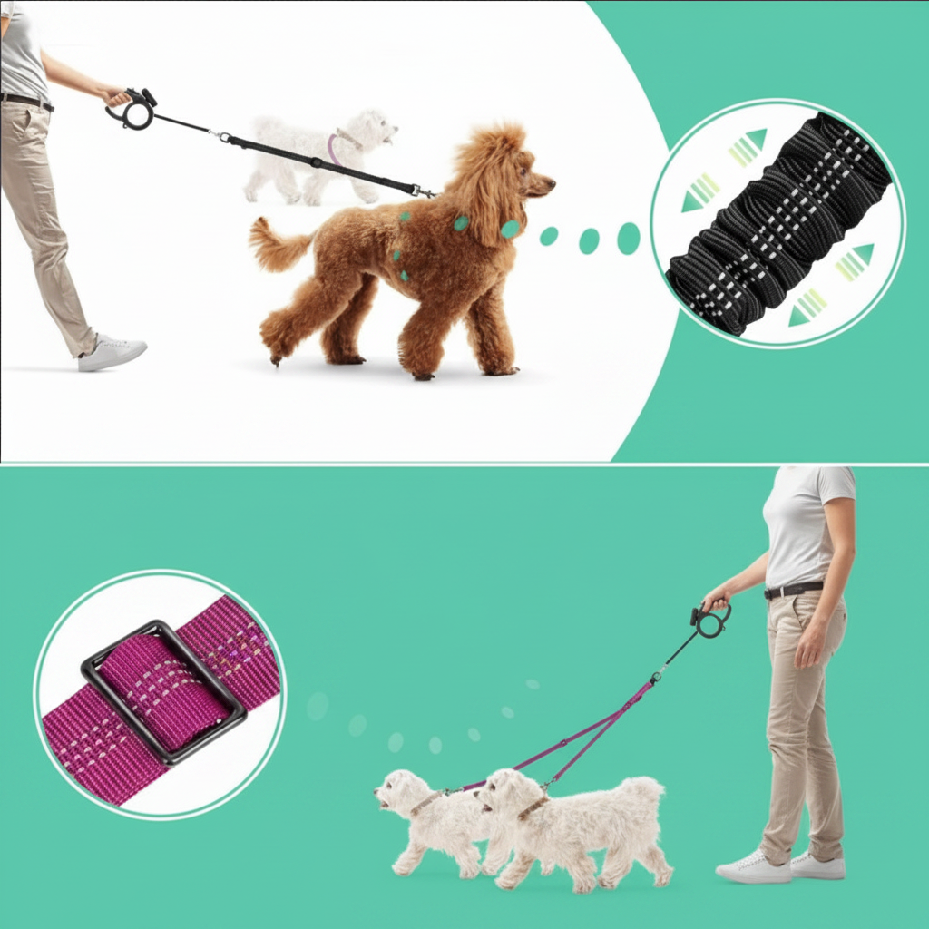 Laisse élastique chien double DuoStretch  nylon résistant et crochet rotatif 360°
