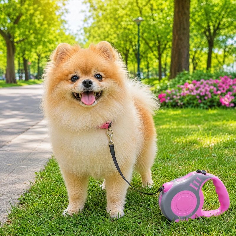 Laisse pour chien extensible : spitz nain debout dans l'herbe, laisse rétractable rose posée à côté