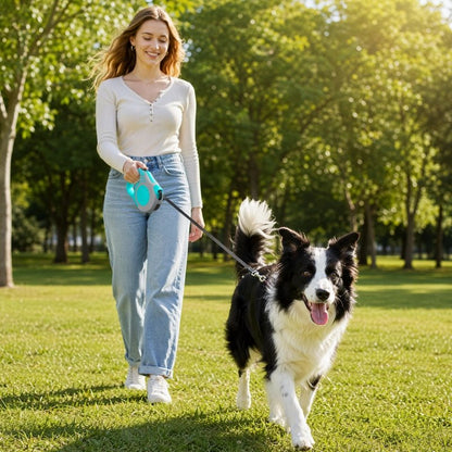 Laisse pour chien extensible : femme promenant un border collie dans un parc verdoyant 