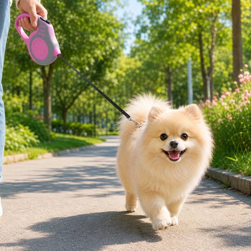 Laisse pour chien extensible : spitz nain crème promené sur un sentier de parc ensoleillé 