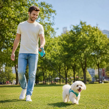 Laisse pour chien extensible : homme promenant un bichon blanc sur la pelouse d'un parc 