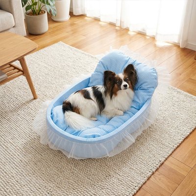 Lit pour chien couffin bleu tissu vichy avec coussin amovible – Couchage confortable pour chien