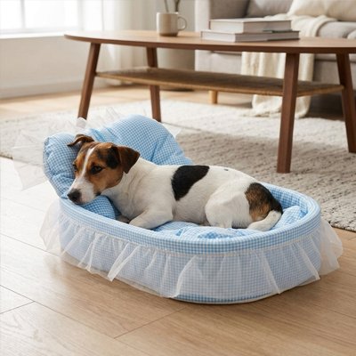 Lit pour chien couffin bleu tissu vichy avec coussin amovible – Couchage confortable pour chien