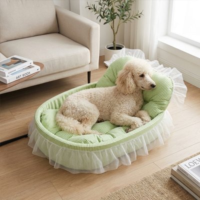 Lit pour chien couffin vert élégant avec volant en tulle – Panier décoratif pour chien