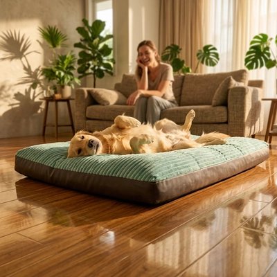 Grand chien allongé sur matelas pour chien dans salon lumineux