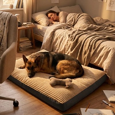 Matelas pour chien XXL dans intérieur moderne avec propriétaire