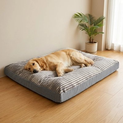 Matelas orthopédique pour chien gris posé sur parquet