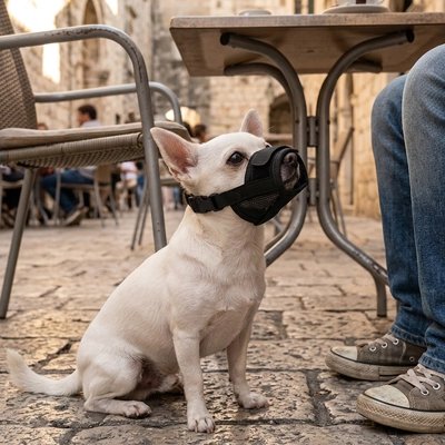 Muselière anti aboiement chien taille M | CalmBark™ – chien assis avec muselière nylon