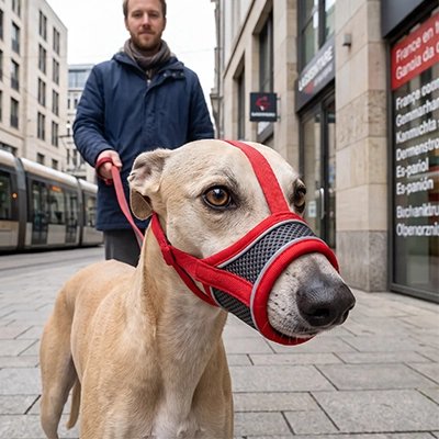 Muselière anti-aboiement portée par un chien en promenade urbaine tenu en laisse