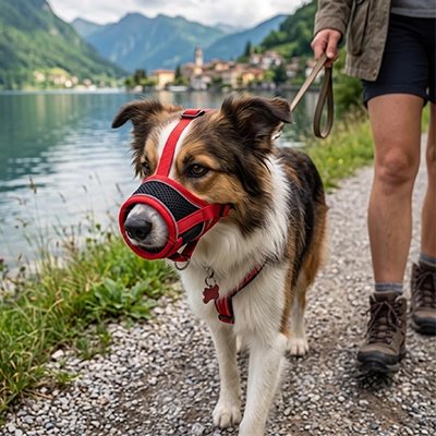 Muselière anti-aboiement sur un chien en randonnée en montagne