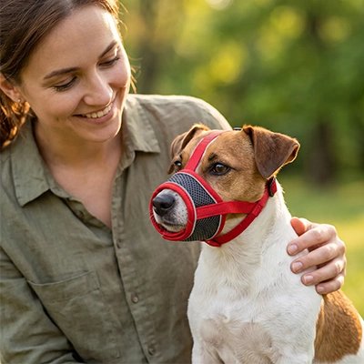 Muselière anti-aboiement rouge et noire ajustée sur un chien tenu dans les bras par sa maîtresse