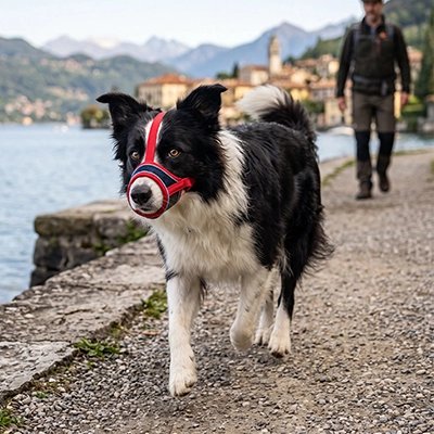 Muselière anti-aboiement rouge portée par un chien en promenade au bord de l'eau avec d'autres promeneurs