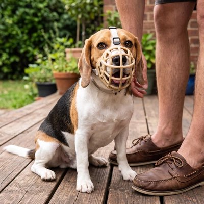 Muselière panier portée par un chien tricolore assis près de son maître sur une terrasse en bois