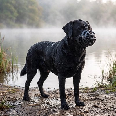 Muselière panier portée par un chien noir debout en extérieur