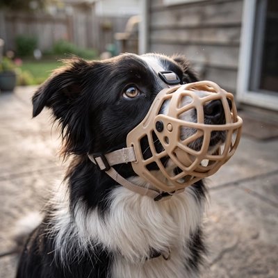 Muselière panier portée par un chien noir et blanc photographié de près