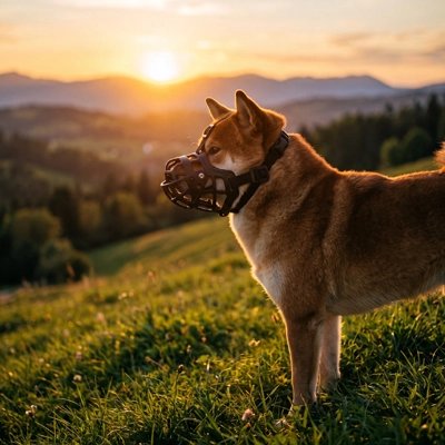 Muselière panier sur un chien brun debout dans un paysage au coucher du soleil