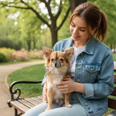 Femme assise sur un banc tenant un petit chien avec muselière respirante